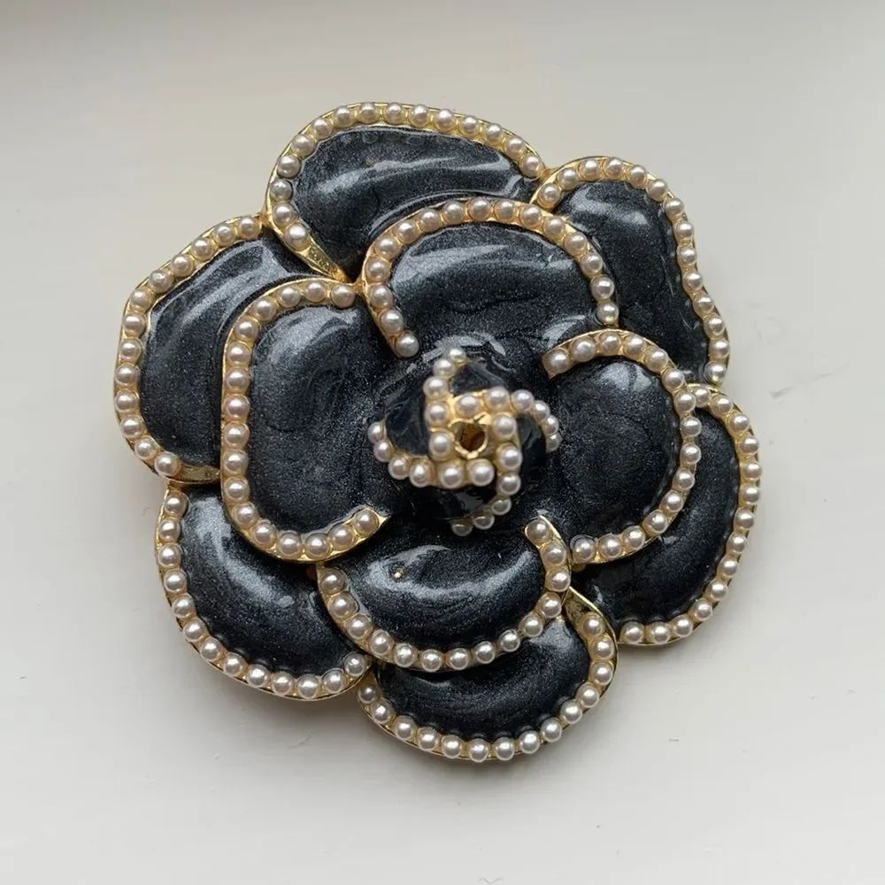 Black Camellia Flower Brooch, Faux Pearls & Gold Tone Lapel Pin
